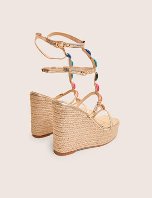Iliana Cracked Gold Pu Beaded Trim Strappy Jute Wedges