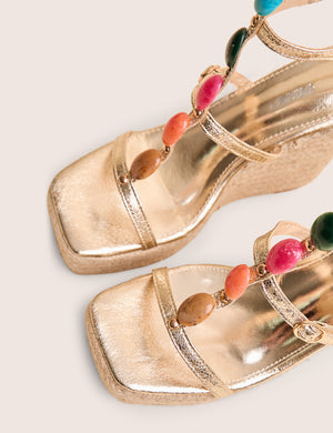 Iliana Cracked Gold Pu Beaded Trim Strappy Jute Wedges