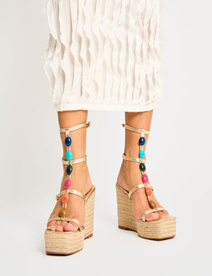 Iliana Cracked Gold Pu Beaded Trim Strappy Jute Wedges