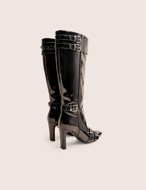 Ines Black Patent Buckle Detail Knee High Heeled Boots
