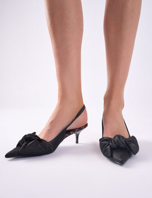 Iris Black Bow Detail Satin Black Sling Back Kitten Heel Court Shoes