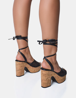 Jos Black Wide Fit Netted Lace Up Cork Platform Sandals