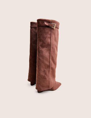 Kola Brown Fold Over Buckle Detail Heeled Boots
