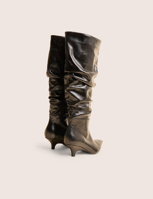 La Dolce Vita Black Ruched Kitten Heel Knee High Boots