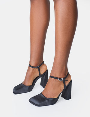 Leighton Black Satin Slant Toe Block Heels