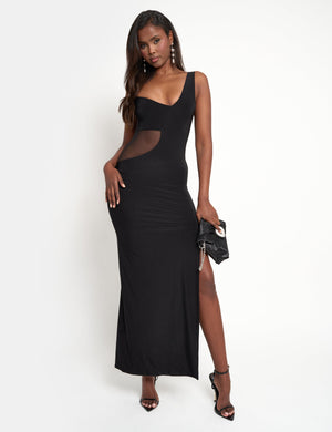 Slinky Mesh Cut Out Maxi Dress Black