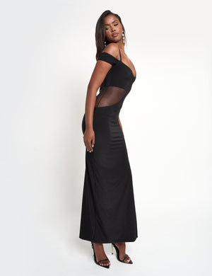 Slinky Mesh Cut Out Maxi Dress Black