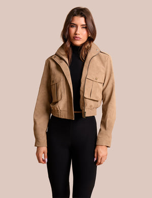 Faux Suede Cropped Bomber Jacket Beige