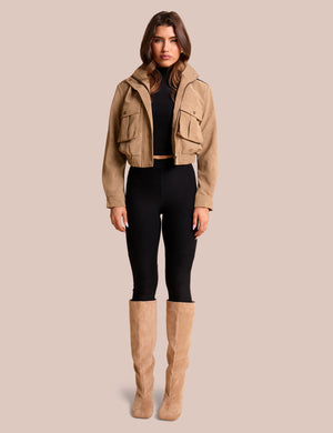 Faux Suede Cropped Bomber Jacket Beige