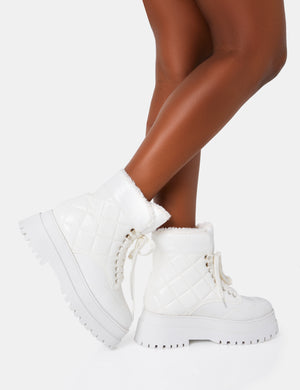 Magda White Patent Crinkled Quilted Faux Fur Lining Chunky Ankle Boots