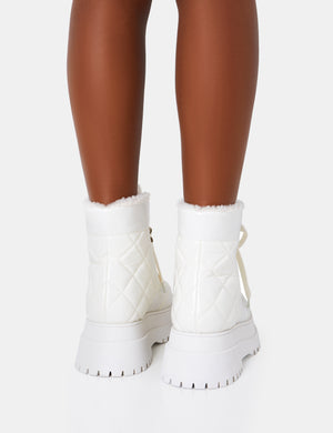 Magda White Patent Crinkled Quilted Faux Fur Lining Chunky Ankle Boots