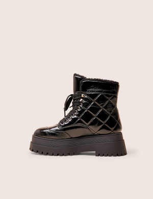 Magda Black Patent Quilted Chunky Sole Rounded Toe Ankle Boots