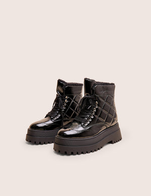 Magda Black Patent Quilted Chunky Sole Rounded Toe Ankle Boots
