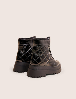 Magda Black Patent Quilted Chunky Sole Rounded Toe Ankle Boots