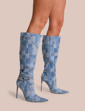 Main Character Embellished Denim Patchwork Pointed Toe Stiletto Boots