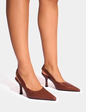 Malia Vintage Brown Fold Over Detail Cushioned Slingback Court Heels