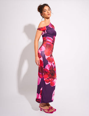 Kaiia Slinky Twist Off Shoulder Flower Print Maxi Dress Purple