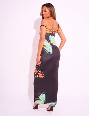 Kaiia Slinky Twist Off Shoulder Butterfly Print Maxi Dress Black