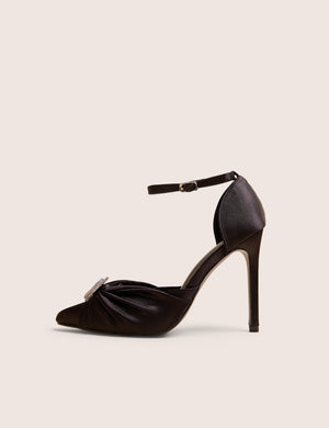 Meant to Be Black Satin Diamante Heart Court Stiletto Heel