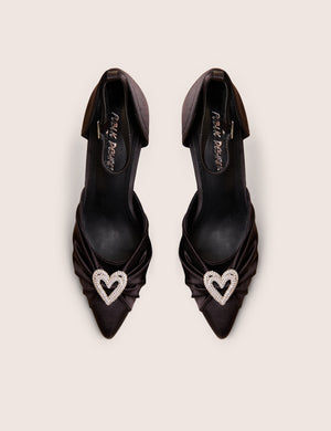 Meant to Be Black Satin Diamante Heart Court Stiletto Heel