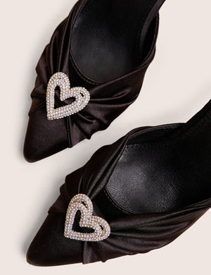 Meant to Be Black Satin Diamante Heart Court Stiletto Heel