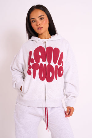 Kaiia Studio Bubble Logo Zip Up Hoodie Grey Marl & Red