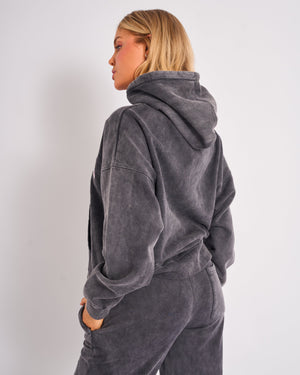 Kaiia Slogan Oversized Hoodie Washed Dark Grey & Pink