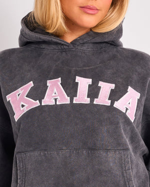 Kaiia Slogan Oversized Hoodie Washed Dark Grey & Pink