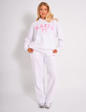 Kaiia Bow Embroidered Oversized Hoodie White & Pink