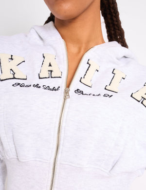 Kaiia Slogan Cropped Zip Up Hoodie Light Grey Marl & White