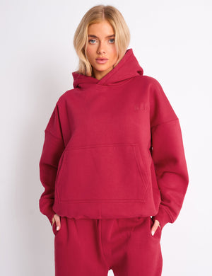 Kaiia Logo Embossed Oversized Hoodie Berry Red