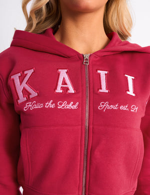 Kaiia Slogan Cropped Zip Up Hoodie Cranberry & Pink