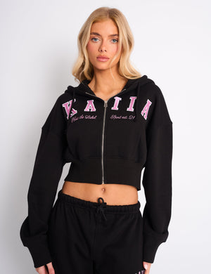 Kaiia Slogan Cropped Zip Up Hoodie Black & Pink