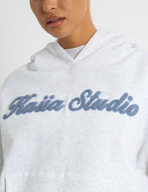 Kaiia Borg Script Logo Oversized Hoodie Light Grey Marl & Vintage Blue