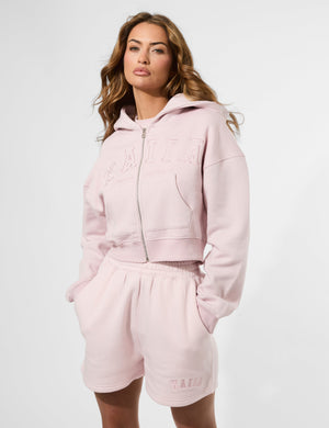 Kaiia Slogan Zip Through Cropped Hoodie Pink Chai