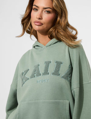 Kaiia Borg Slogan Oversized Hoodie Green Tea