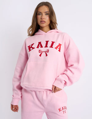 Kaiia Bow Embroidered Oversized Hoodie Baby Pink & Red