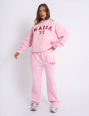 Kaiia Bow Embroidered Oversized Hoodie Baby Pink & Red