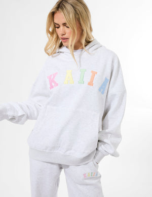 Kaiia Rainbow Logo Oversized Hoodie Light Grey Marl