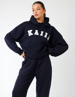 Kaiia Slogan Oversized Hoodie Navy & Light Grey Marl