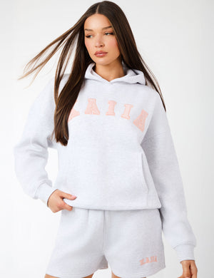 Kaiia Slogan Oversized Hoodie Light Grey Marl & Dusty Pink