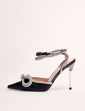 Midnight Black Wrap Around Diamante Bow Pointed Toe High Heel
