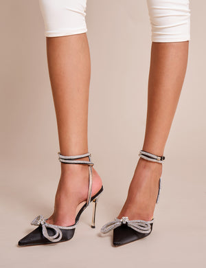 Midnight Black Wrap Around Diamante Bow Pointed Toe High Heel