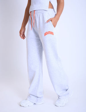 Kaiia Studio Bubble Logo Wide Leg Sweat Pants Light Grey Marl & Orange