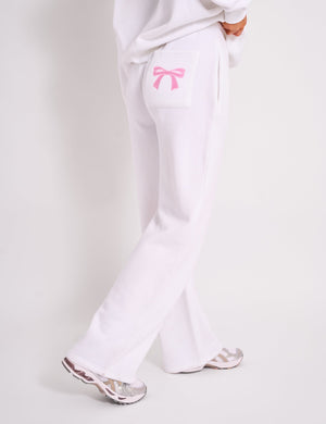 Kaiia Bow Embroidered Ribbed Waistband Wide Leg Joggers White & Pink