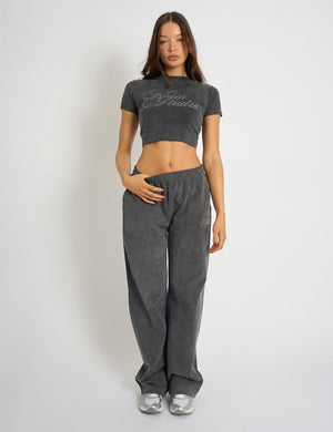 Kaiia Studio Diamante Acid Wash Wide Leg Joggers Dark Grey