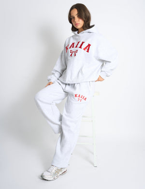 Kaiia Bow Embroidered Ribbed Waistband Wide Leg Joggers Light Grey Marl & Red