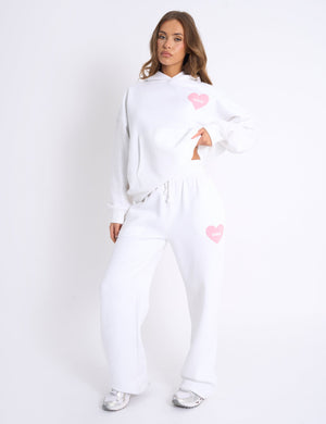 Kaiia Love Heart Graphic Ribbed Waistband Joggers White