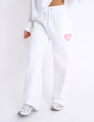 Kaiia Love Heart Graphic Ribbed Waistband Joggers White