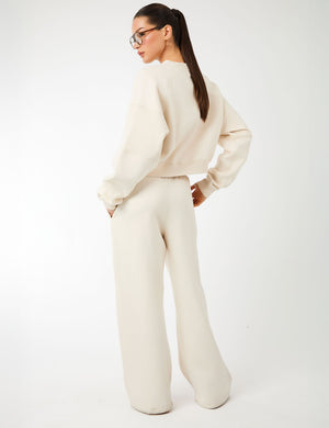 Kaiia Label Logo Rib Panel Wide Leg Joggers Cream